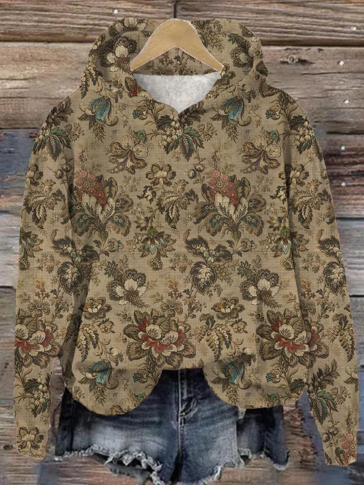 Vintage Floral Print Long Sleeve Printed Hoodie