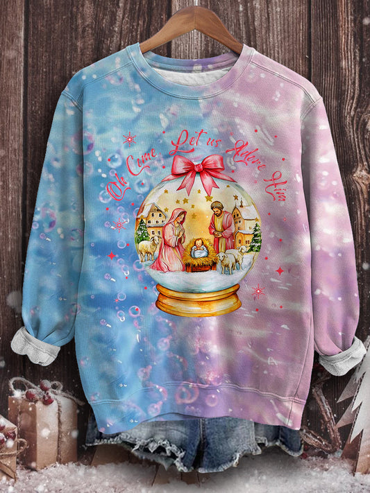 Oh Come Let Us Adore Him Fun Print Long Sleeve Top