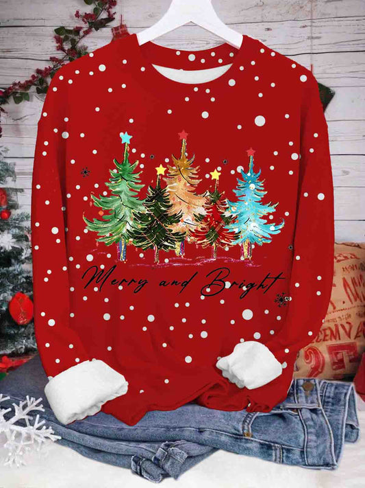 Merry and Bright Christmas Trees Printed Long Sleeve Casual Top