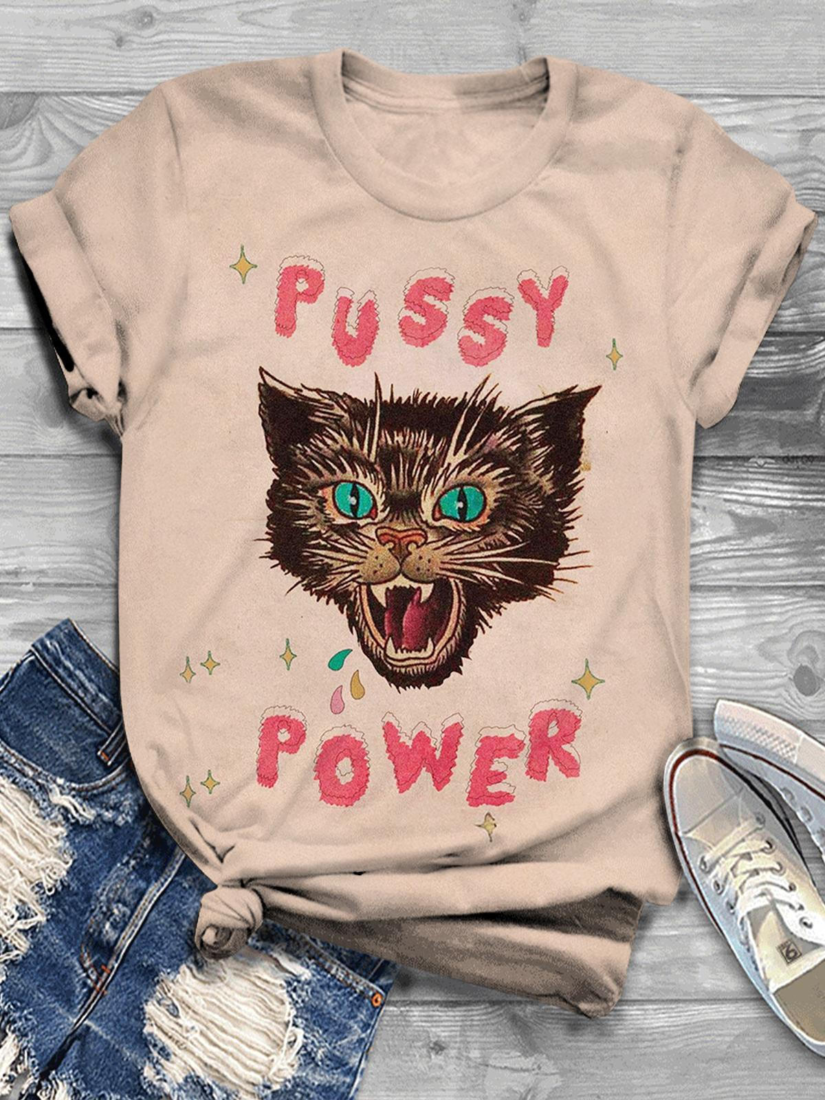 Pussy Power Fierce Cat Emoji Print Casual T-shirt