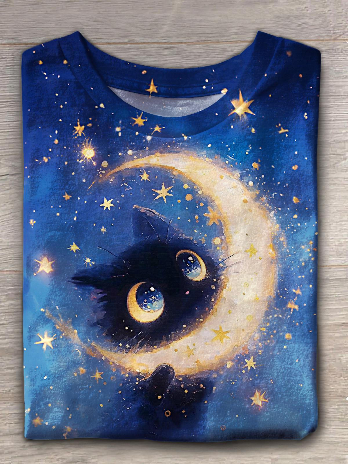 Women's Cute Moon Cat Print Crew Neck T-shirt