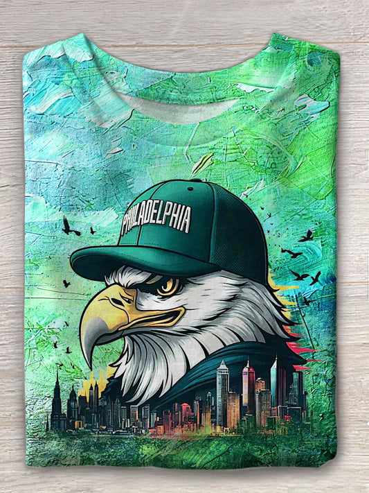 Philadelphia Skyline And Eagle Football Print Crew Neck T-shirt