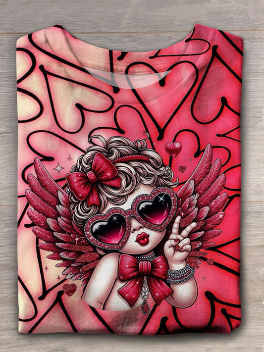 Retro Glitter Cupid Valentine Crew Neck T-shirt