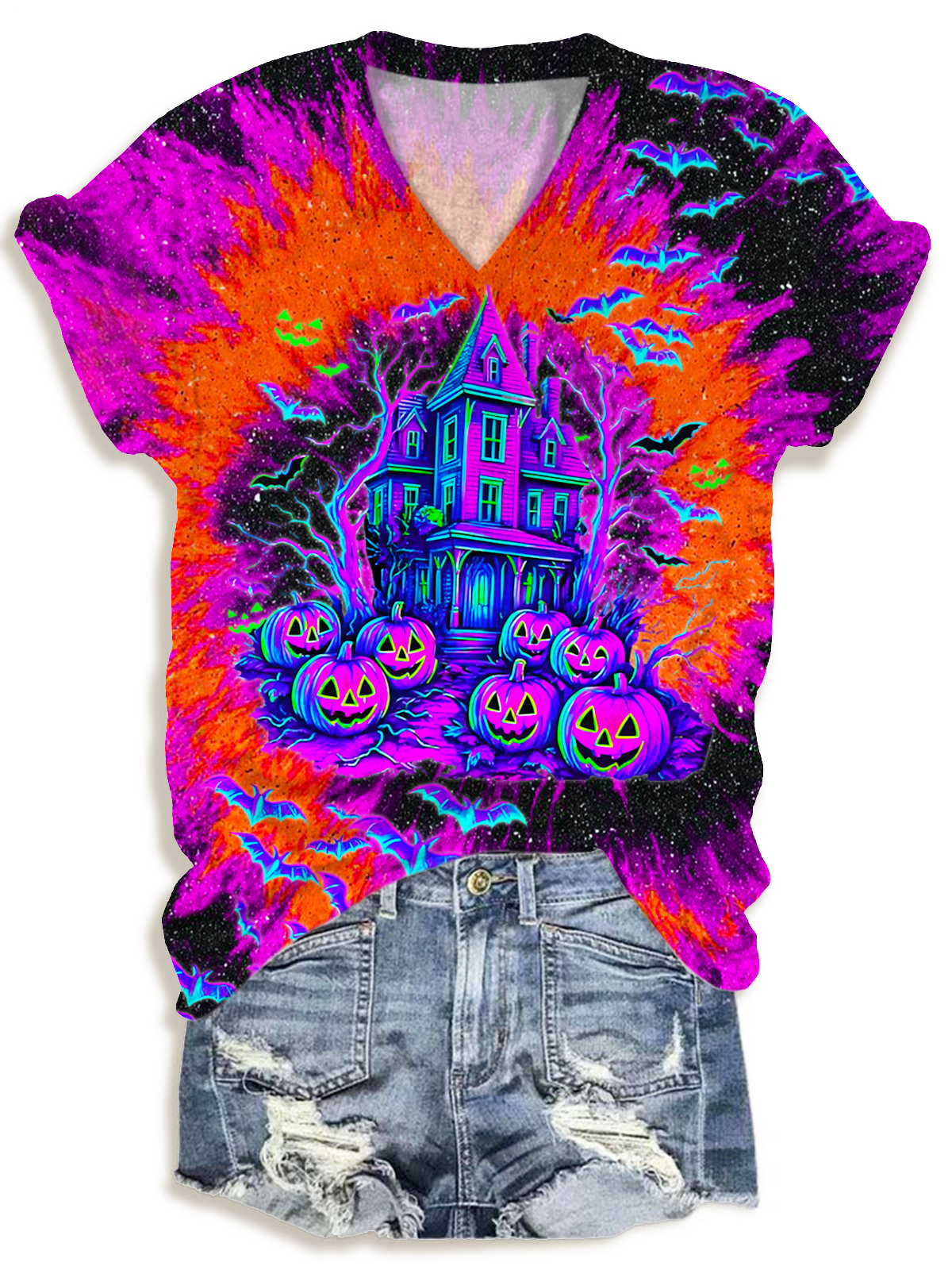 Vintage Tie-dye Halloween V-neck T-Shirt