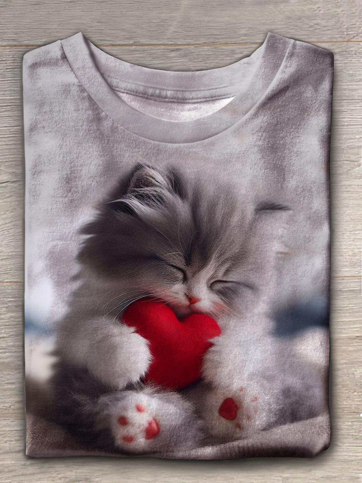 Cute Cat Holding A Love Heart Crew Neck T-shirt