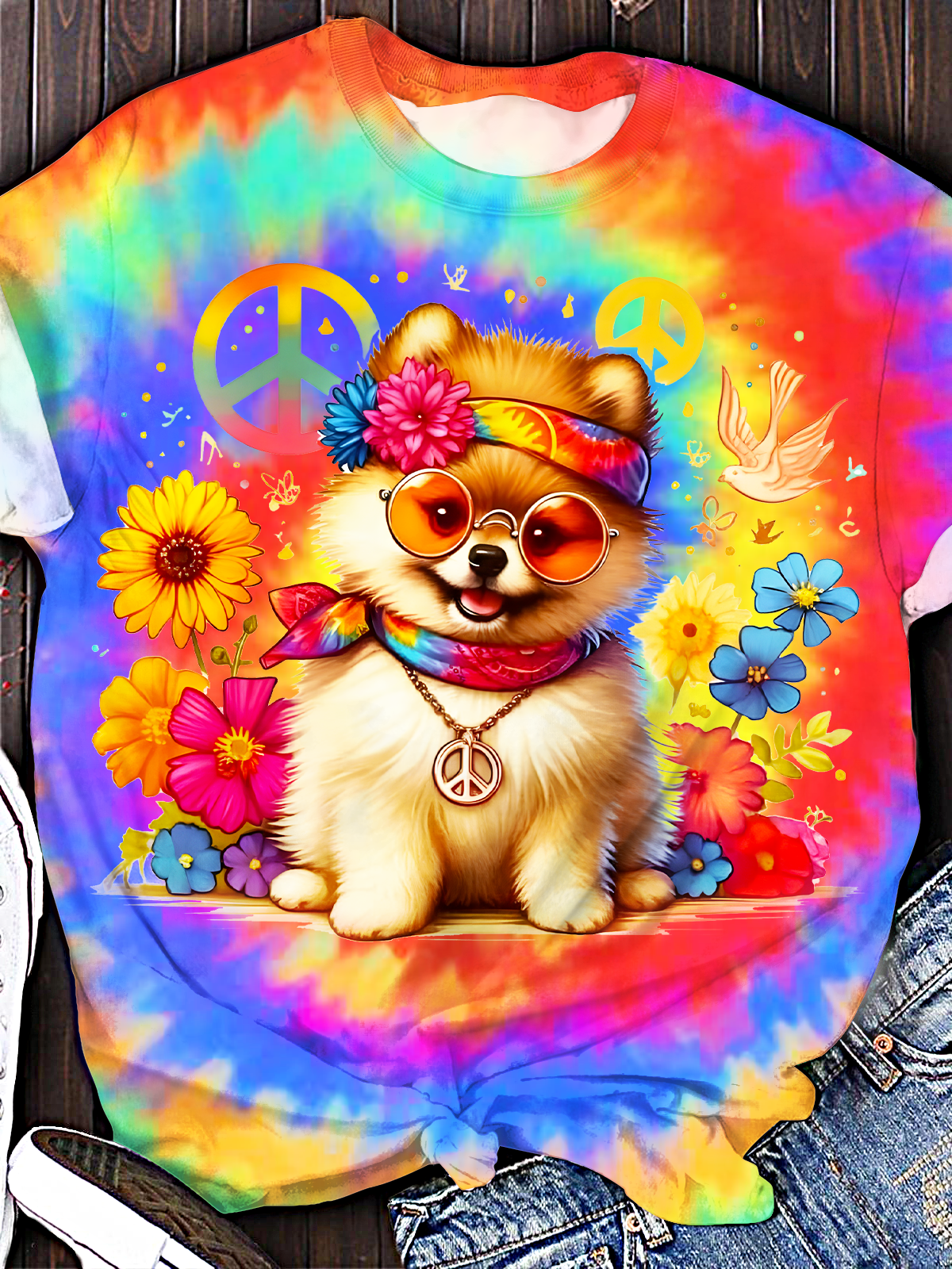 Colorful Tie Dye Peace Floral Hippie Puppy Cotton Crew Neck T-Shirt