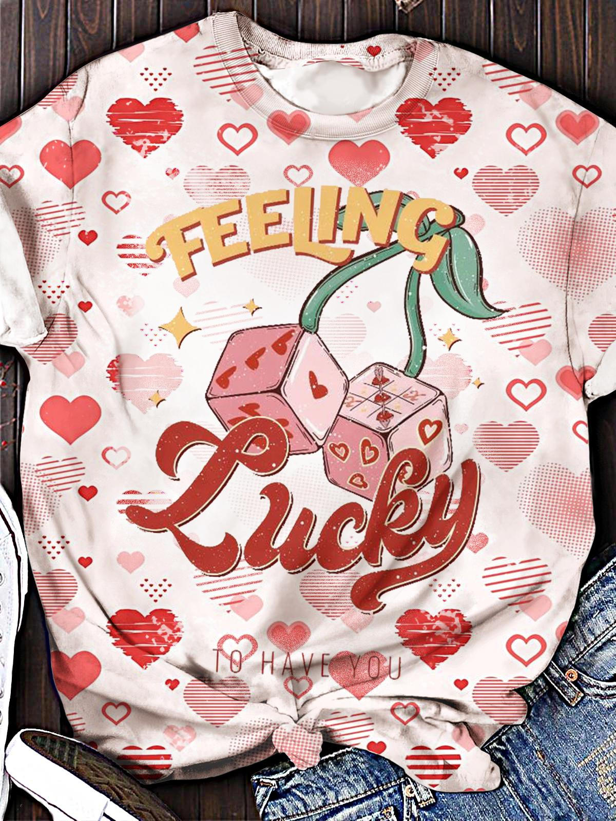 Women's Lucky Valentine's Day Printed Crew Neck T-shirt