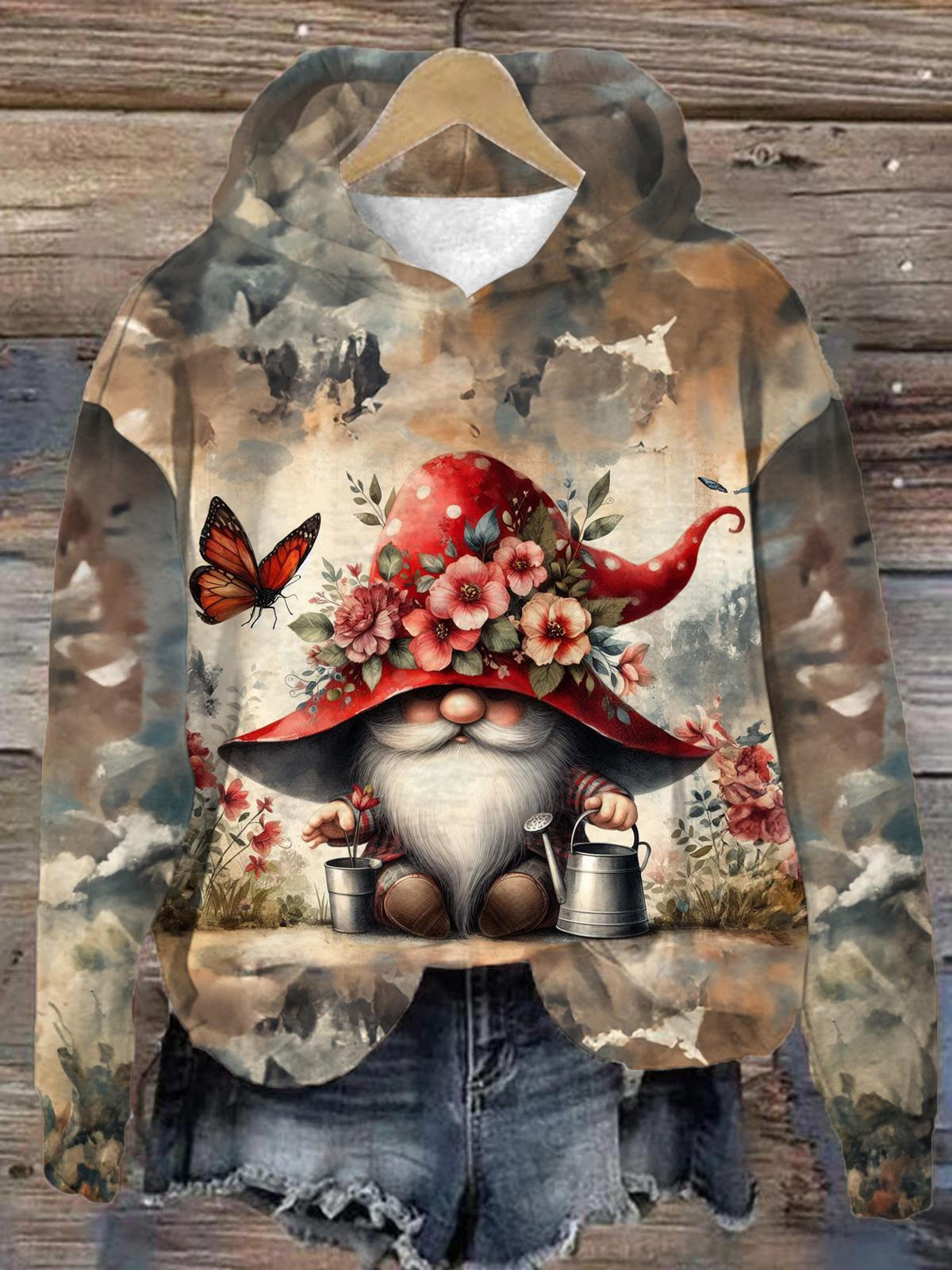 Women's Christmas Retro Gnome Long Sleeve Printed Hoodie