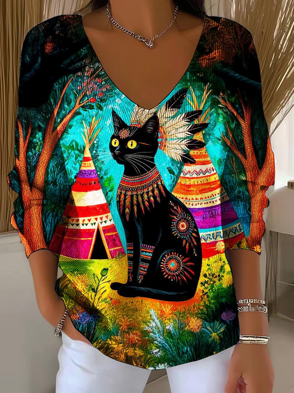 Retro Art Black Cat Casual V Neck Pullover Sweater