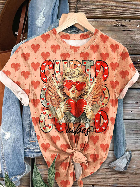 Women's Retro Cupid Valentine's Day Print Crew Neck T-shirt