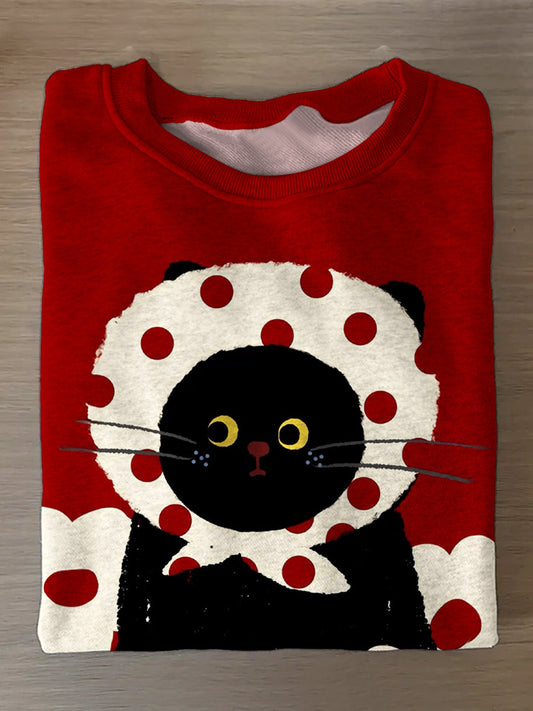 Cute Cat Retro Printed Long Sleeve Casual Top