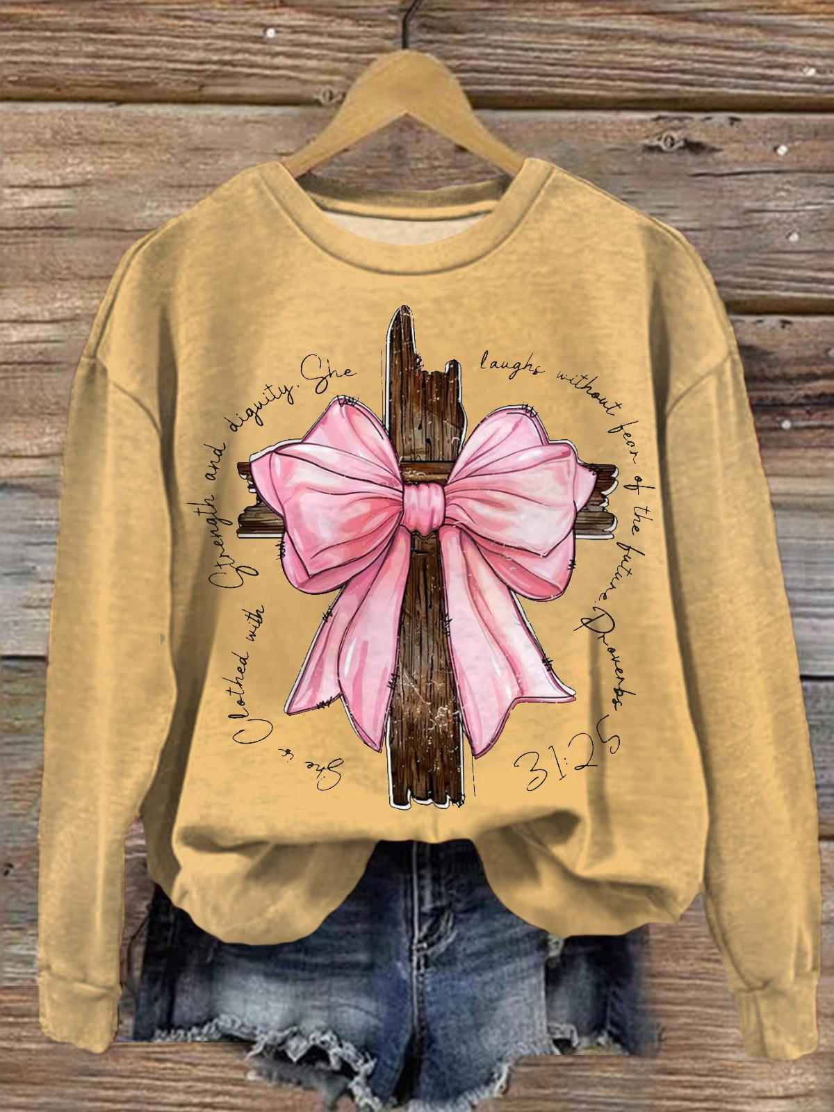 Women's Cross With Pink Bow Round Neck Long Sleeve Top