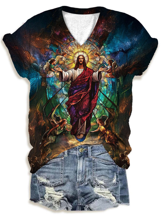 Jesus And The Angels Stained Glass Print V-Neck T-Shirt