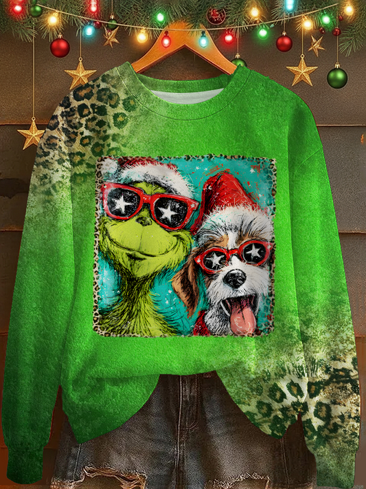 Preppy Grichmas Christmas Glitter Printed Long Sleeve Casual Top