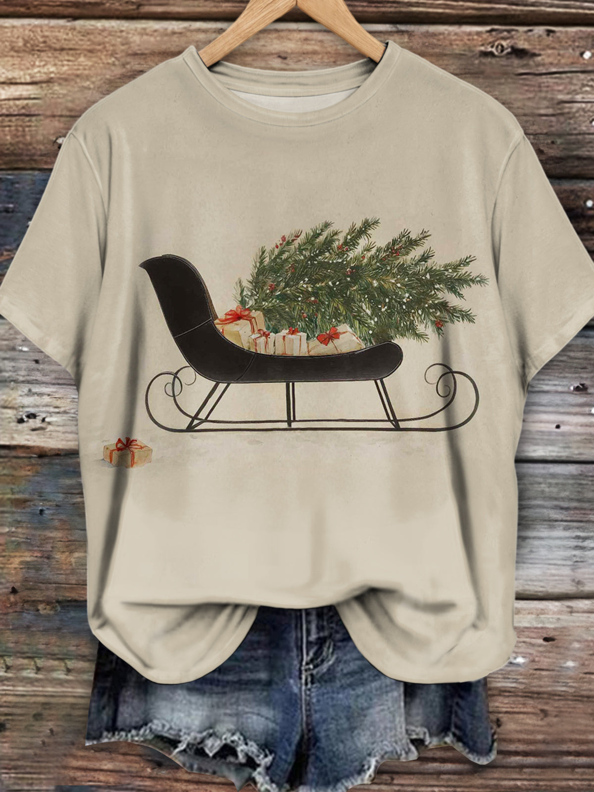 Women's Christmas Sleigh Christmas Tree Print T-Shirt