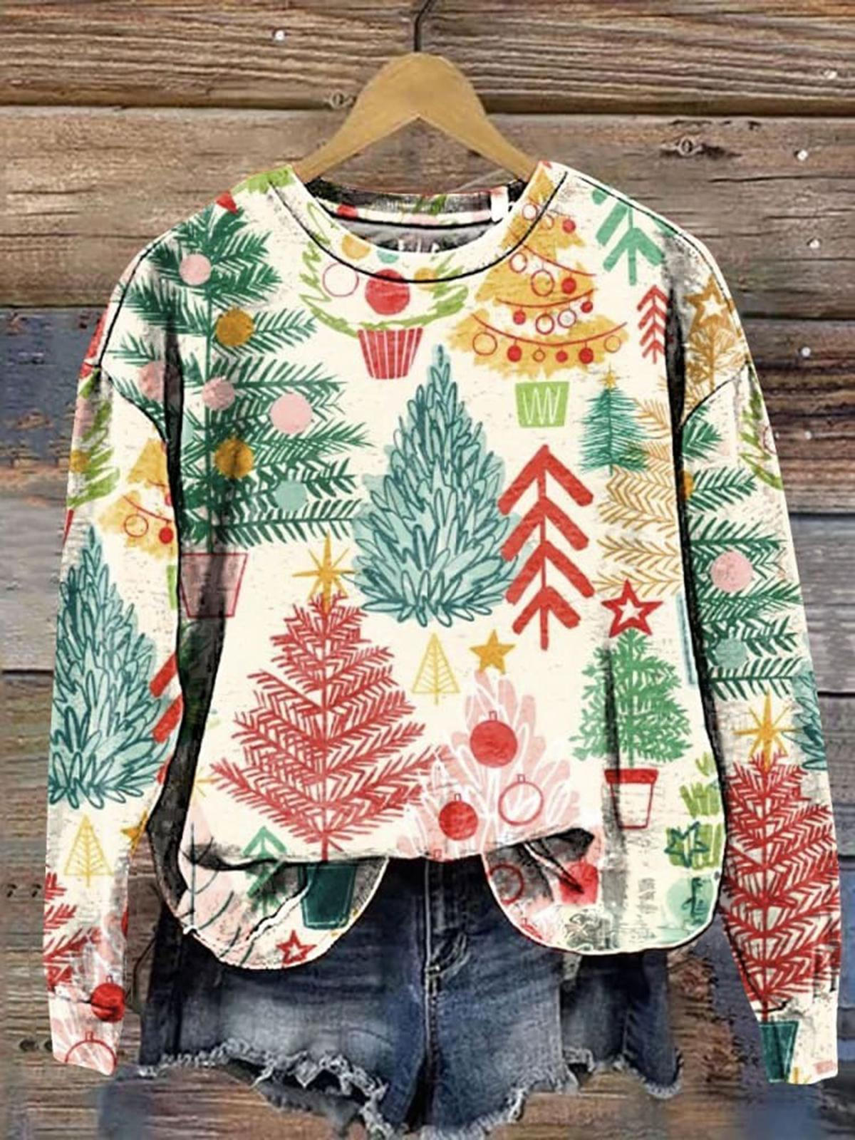 Colorful Christmas Tree Printed Long Sleeve Casual Top