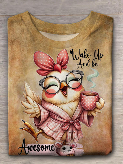 Wake Up And Be Awesome Funny Chicken Casual Crew Neck T-Shirt