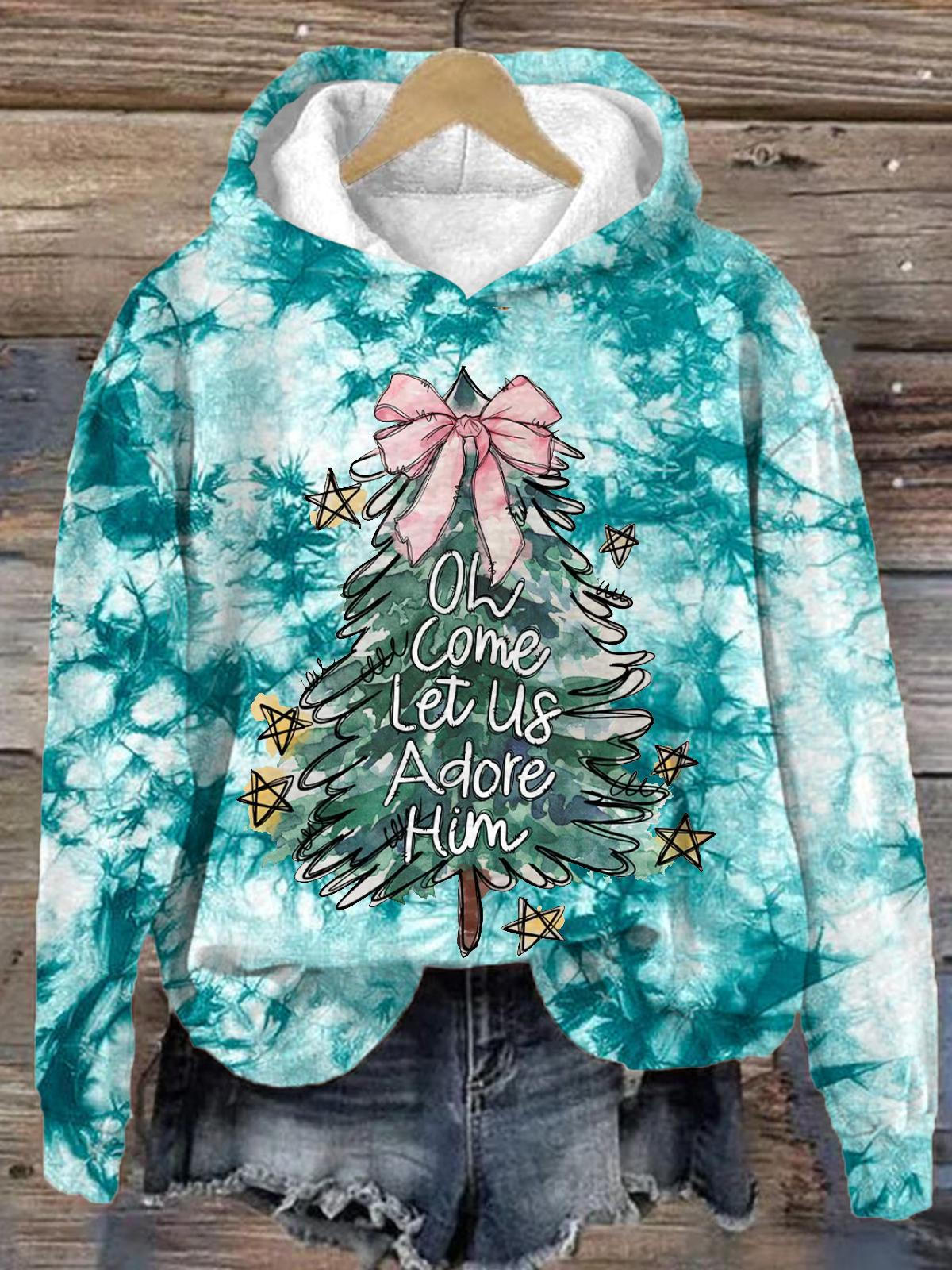 Oh Come Let Us Adore Him Long Sleeve Printed Hoodie