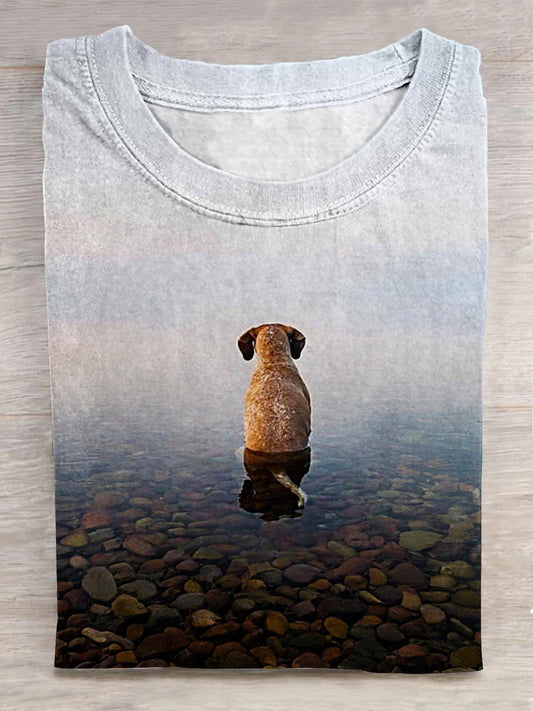 Lonely Puppy Print Crew Neck T-shirt