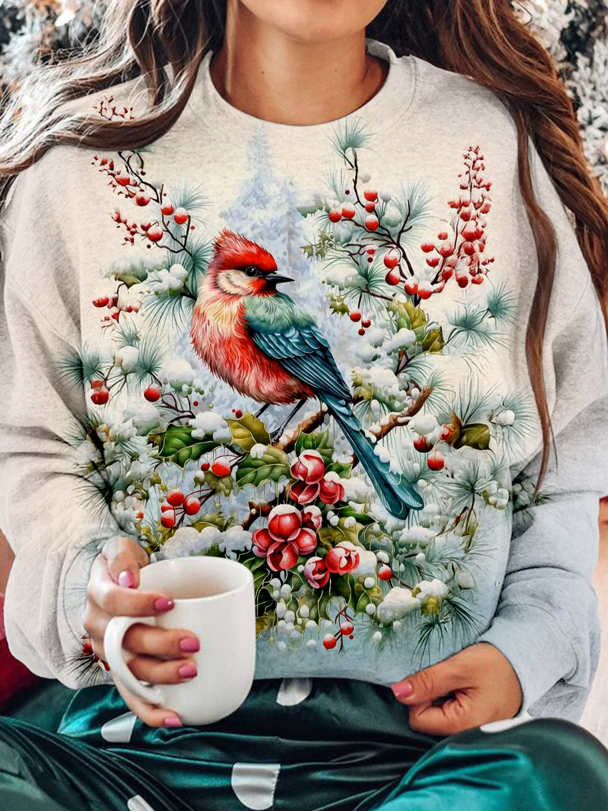 Snow Forest Red Bird Printed Long Sleeve Casual Top