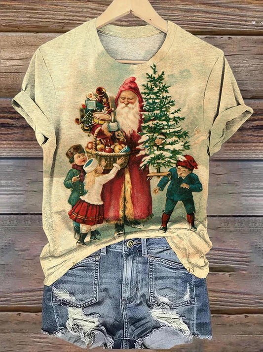 Retro Santa With Kids Crew Neck T-shirt