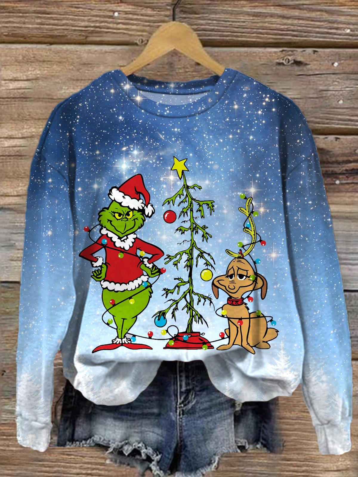 Cold Christmas And The Green Monster Printed Long Sleeve Casual Top