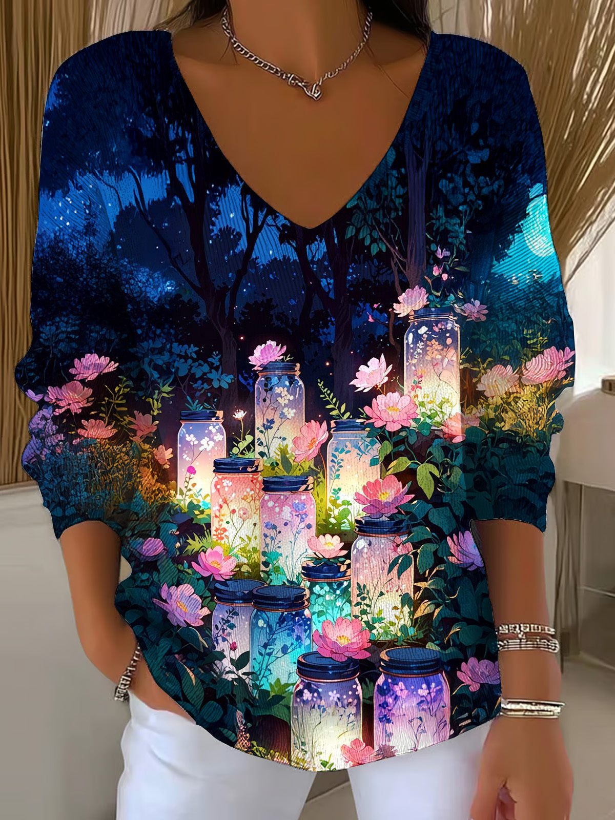 Wishing Bottle Flowers Casual V Neck Pullover Sweater