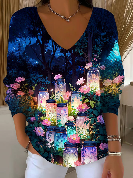 Wishing Bottle Flowers Casual V Neck Pullover Sweater