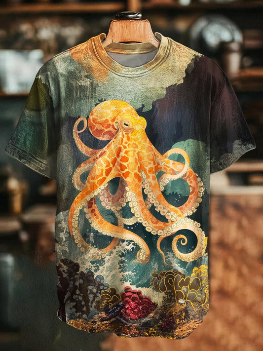 Vintage Octopus Print Crew Neck T-shirt