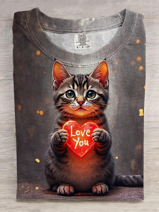 Cute Heart Valentine's Day Kitten Print Crew Neck T-shirt