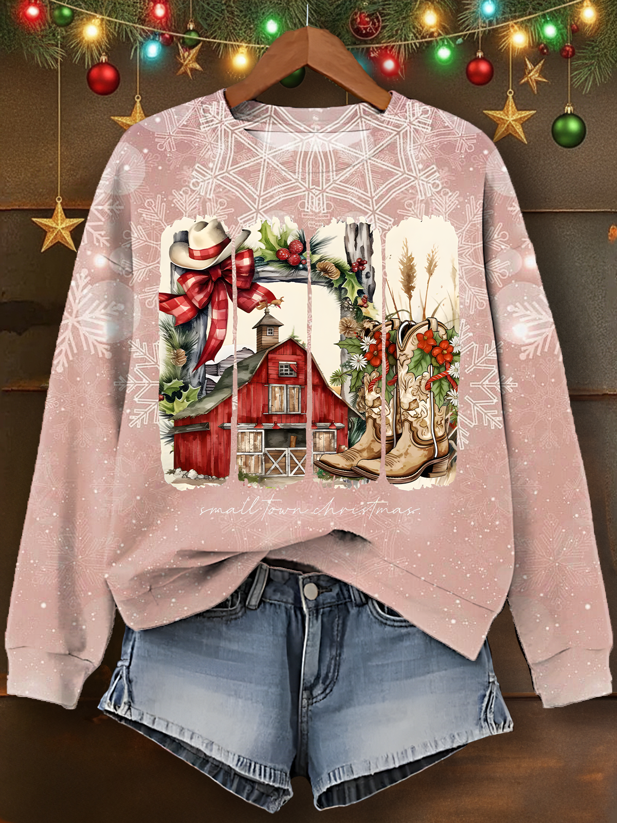 Christmas Small Town Printed Long Sleeve Casual Top