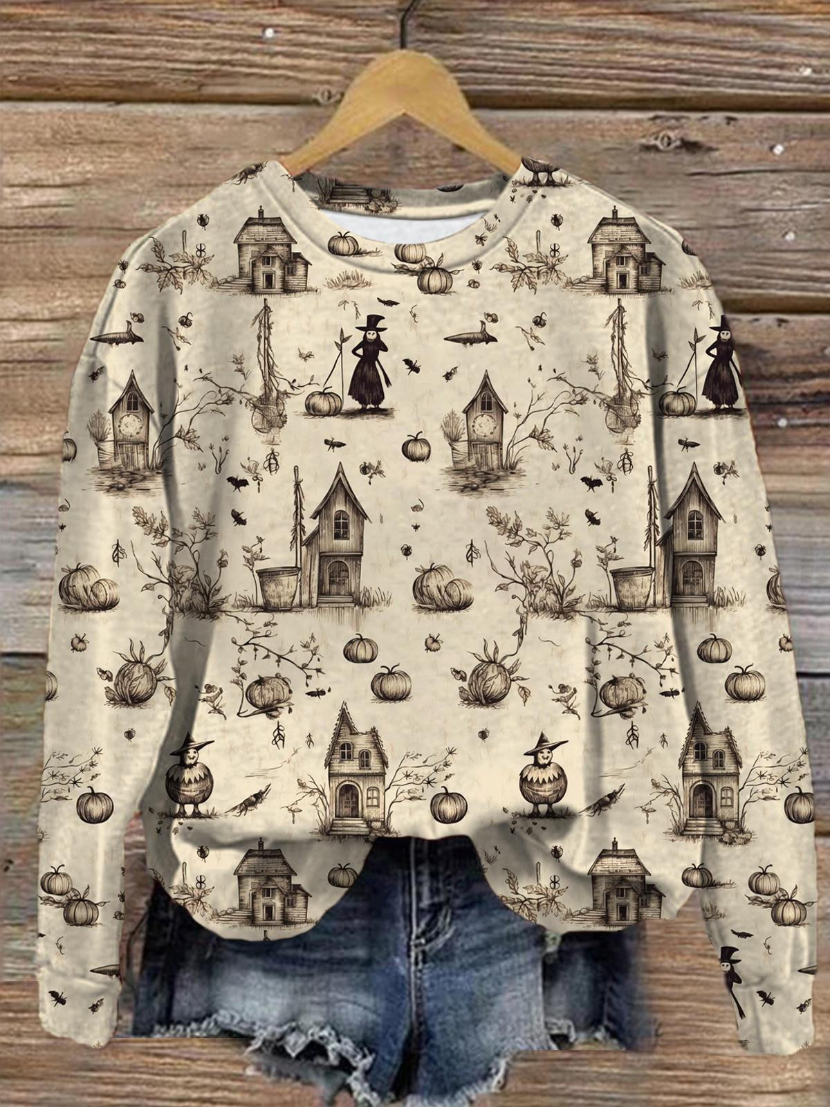 Women's Vintage Halloween Witch Scarecrow Casual Sweatshirt