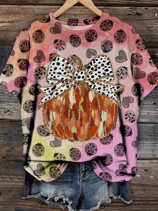 Women's Halloween Pumpkin Bow Ladybug Print Casual T-shirt