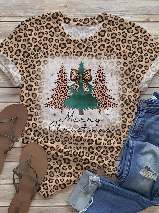 Leopard Print Christmas Tree Crew Neck T-shirt