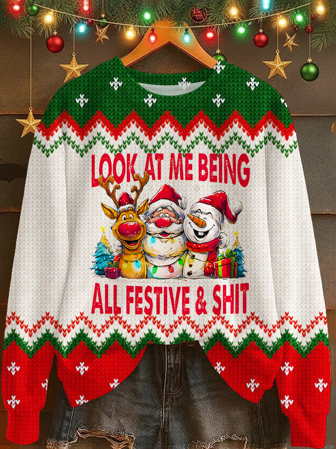 Look At Me Being All Festive Printed Long Sleeve Casual Top