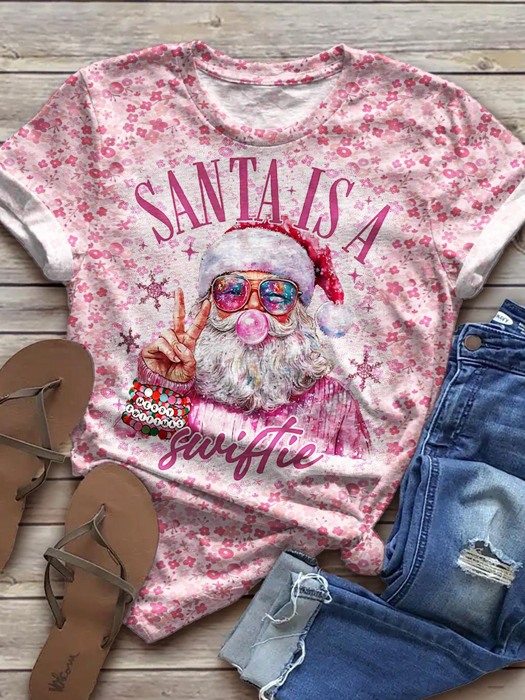 Women's Swiftie Santa Merry Christmas Print Crew Neck T-shirt