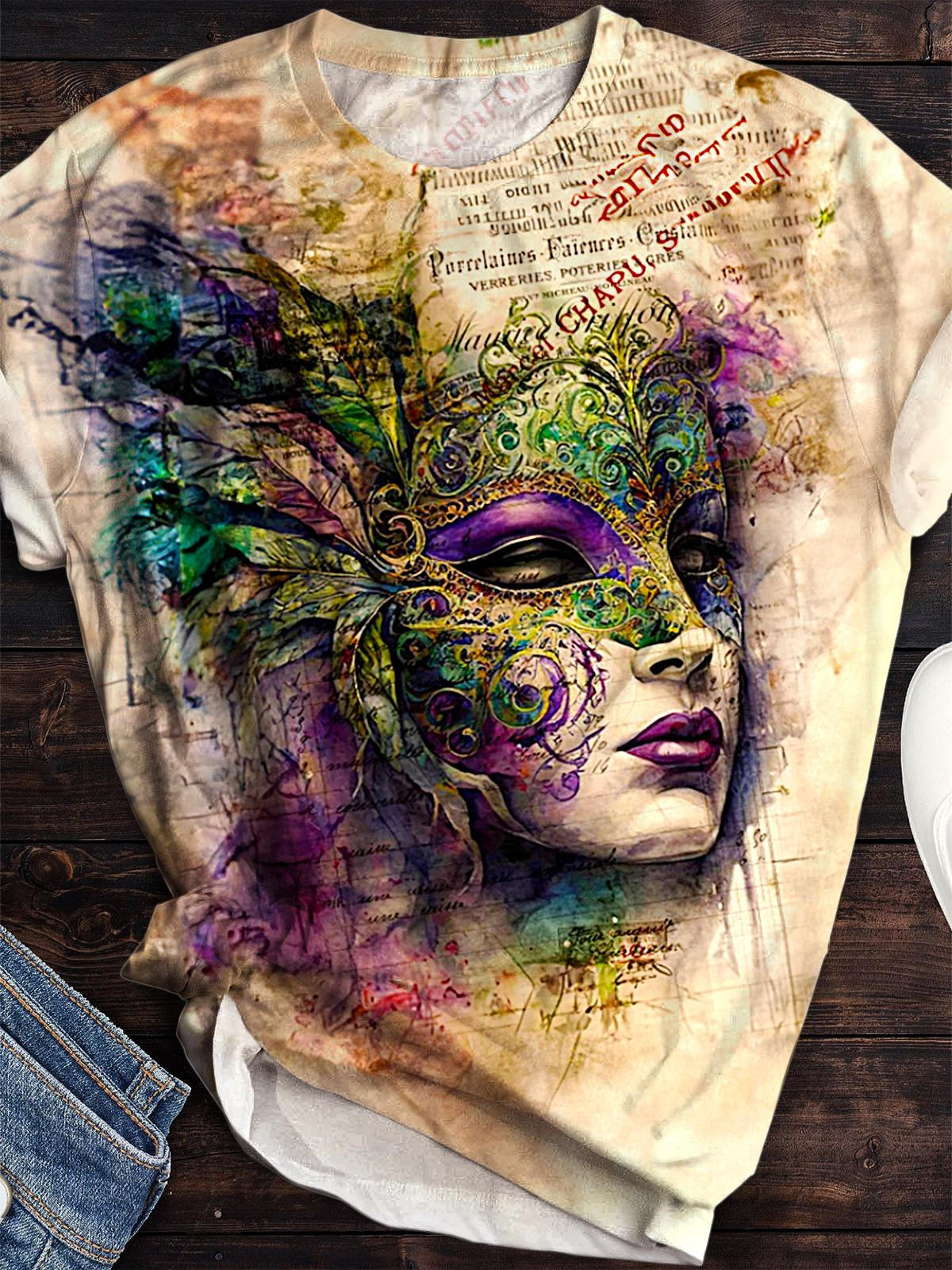 Women's Retro Mardi Gras Mask Print Crew Neck T-shirt