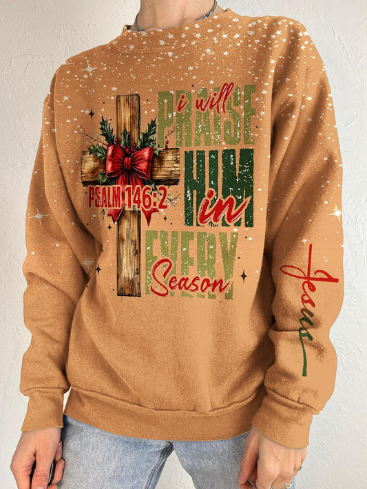 Women's Jesus Christmas Cross Printed Long Sleeve Casual Top