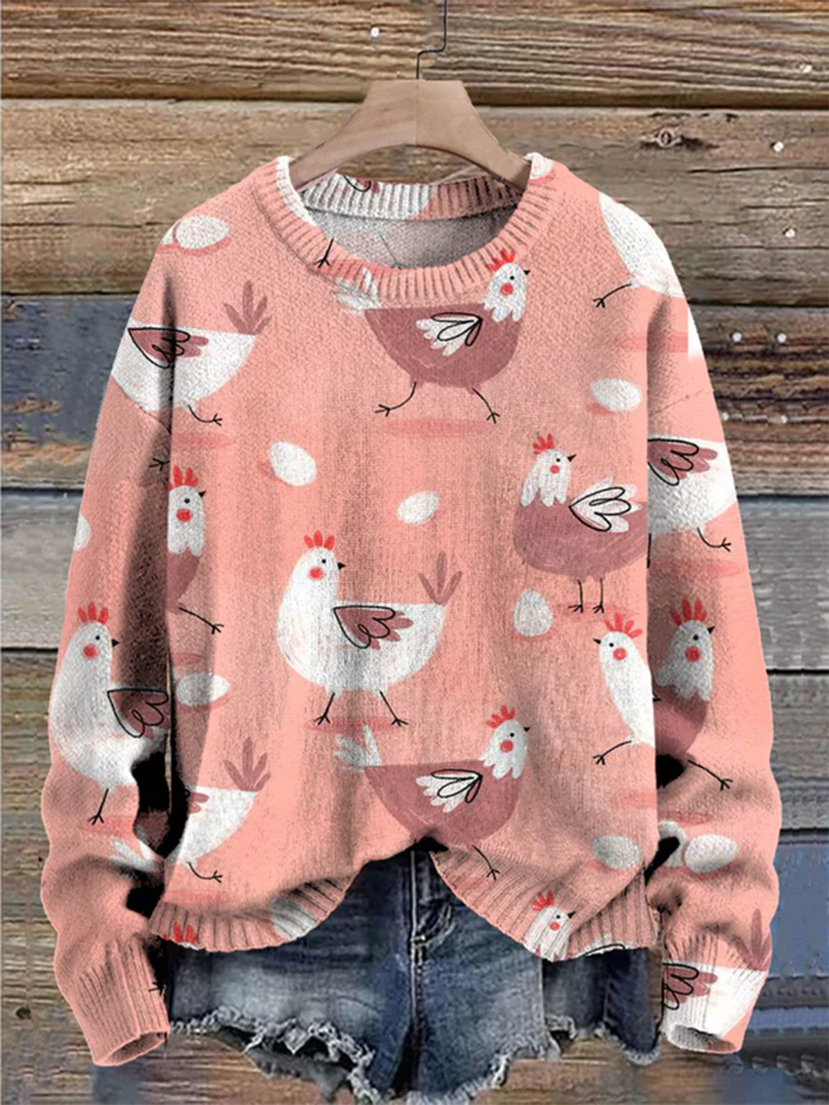 Women's Cute Hen Vintage Print Round Neck Casual Long Sleeve Sweater