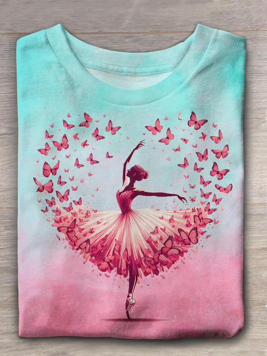 Heart Design Butterfly Girl Crew Neck T-shirt