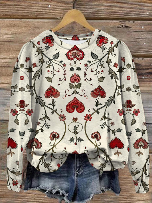 Women's Love Retro Flowers Printed Long Sleeve Casual Top