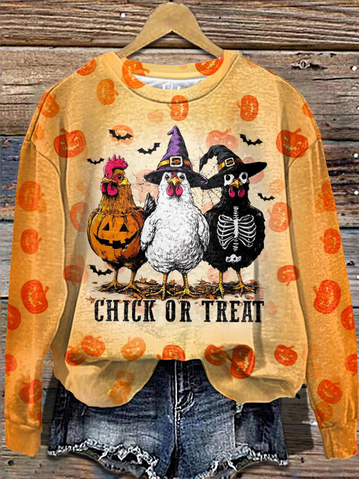 Women's Halloween Pumpkin Chicken Round Neck Long Sleeve Top