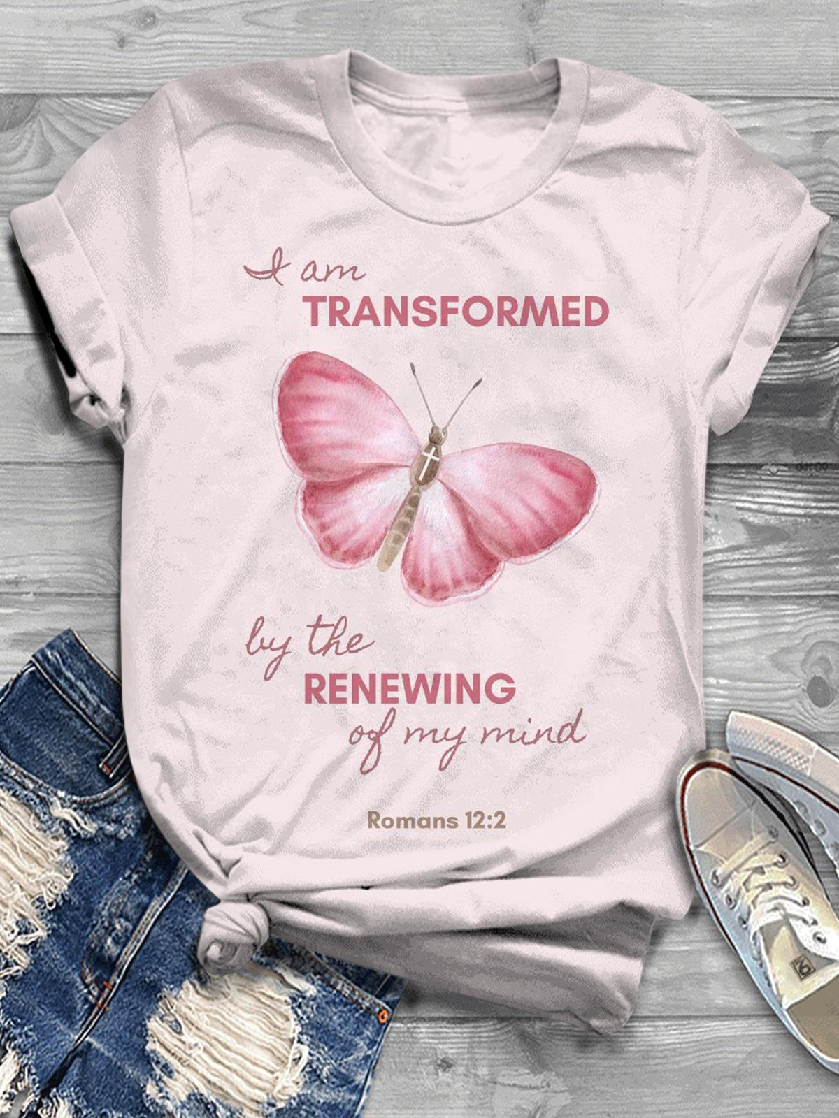 Bible Verse Pink Butterfly Crew Neck T-shirt