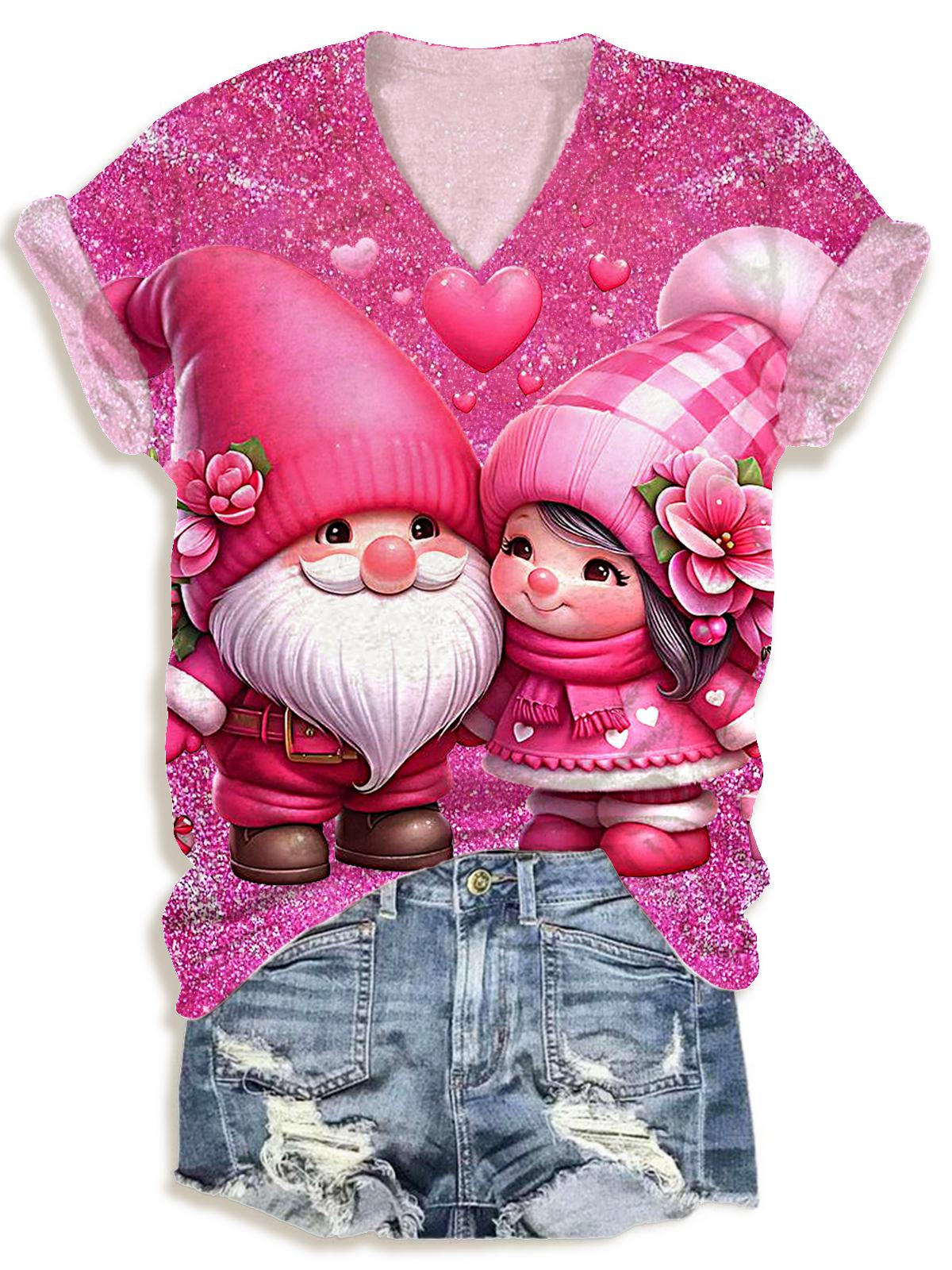 Women's Colorful Retro Valentine's Day Gnome Print V-Neck T-Shirt