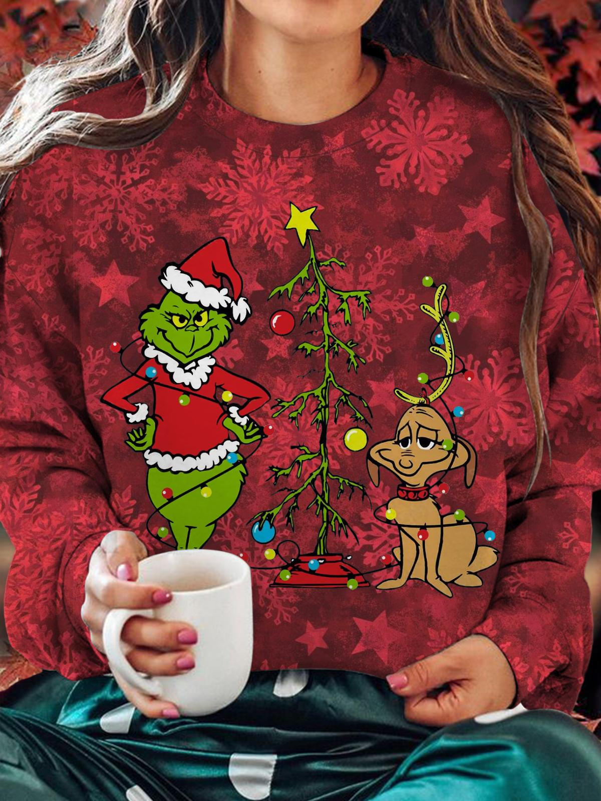 Green Fur Monster And Puppy Among Red Snowflakes Printed Long Sleeve Casual Top