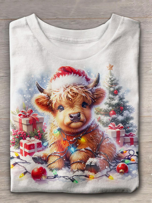 Cute Animal Calf With Santa Hat Crew Neck T-shirt