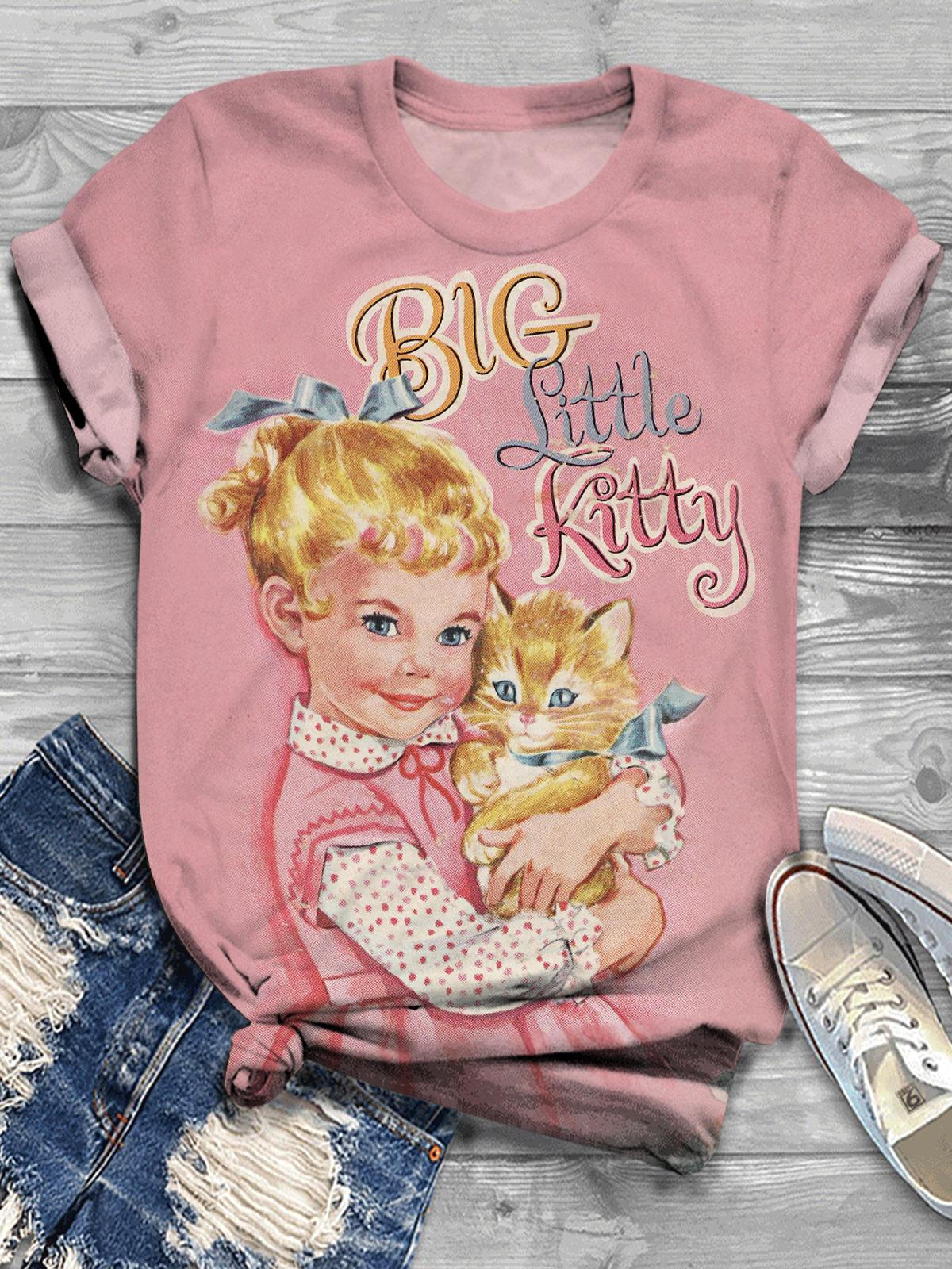 Big Little Kitty Vintage Illustration Girl's Casual T-shirt