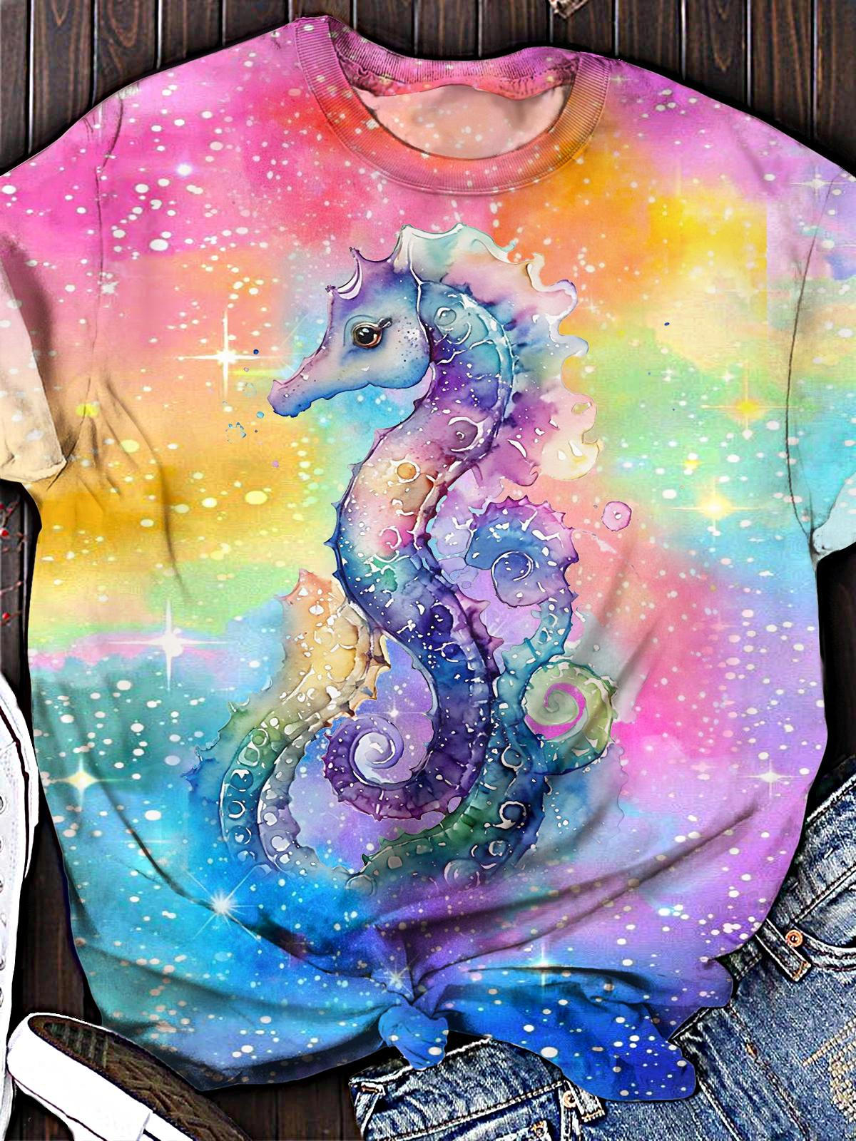 Women's Colorful Tie-Dye Seahorse Print Crew Neck T-shirt