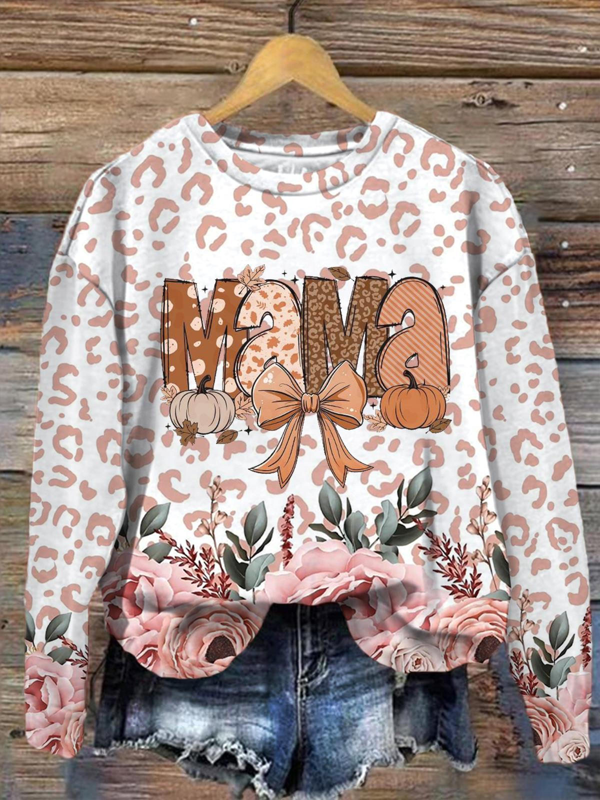 MaMa Halloween Autumn Pumpkin Print Vintage Print Top