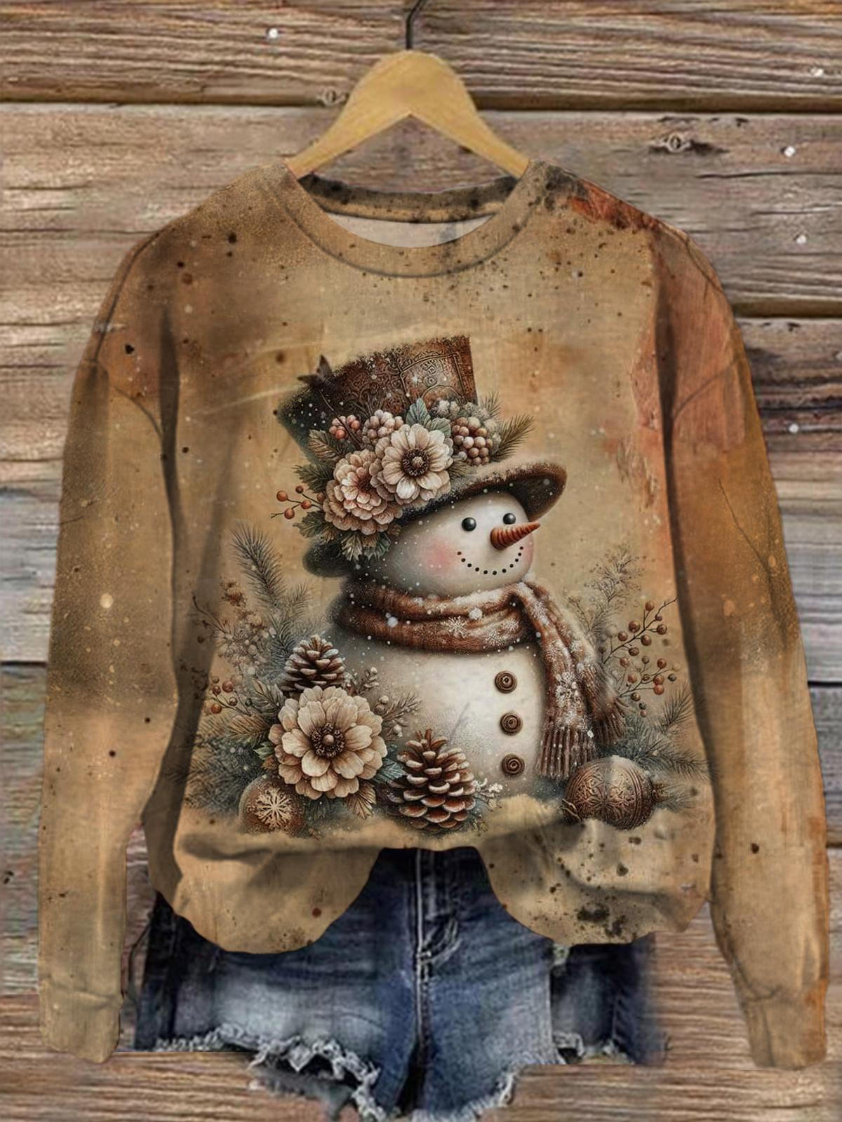 Cute Retro Snowman Printed Long Sleeve Casual Top